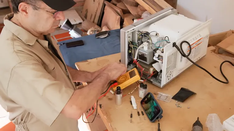 An expert specialist installing a repaired built-in microwave as part of a comprehensive microwave oven repair dubai service.