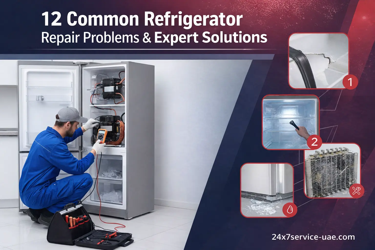 Professional 24x7 Service UAE blog featured image for "12 Common Refrigerator Repair Problems," showing a technician in a blue uniform diagnosing a fridge with a multimeter, with inset diagrams of a torn door gasket, ice buildup, and dirty condenser coils.