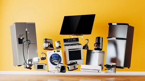 A floating display of various LG appliances like TVs, fridges, and washers against a yellow background.