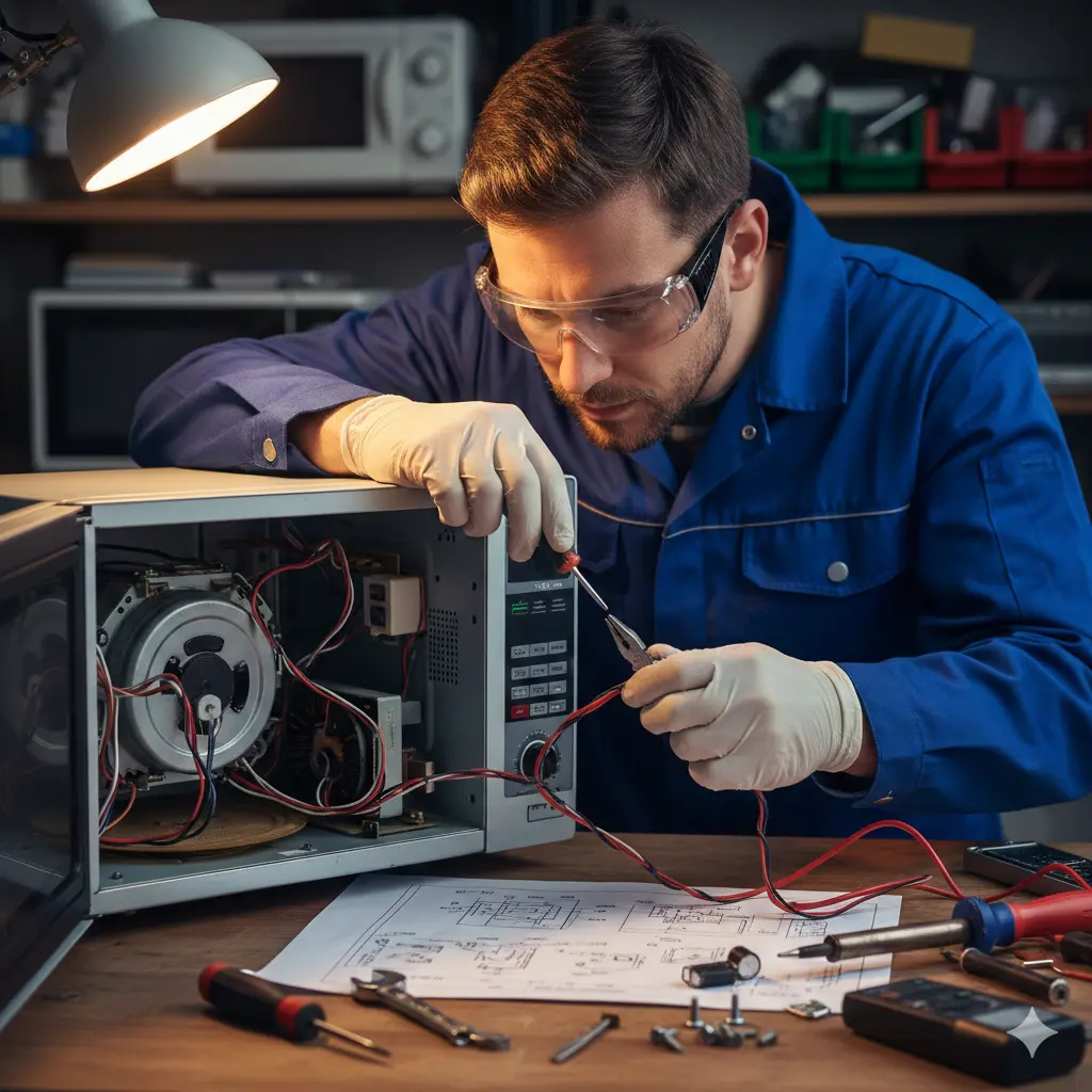 Technician fixing microwave with tools.