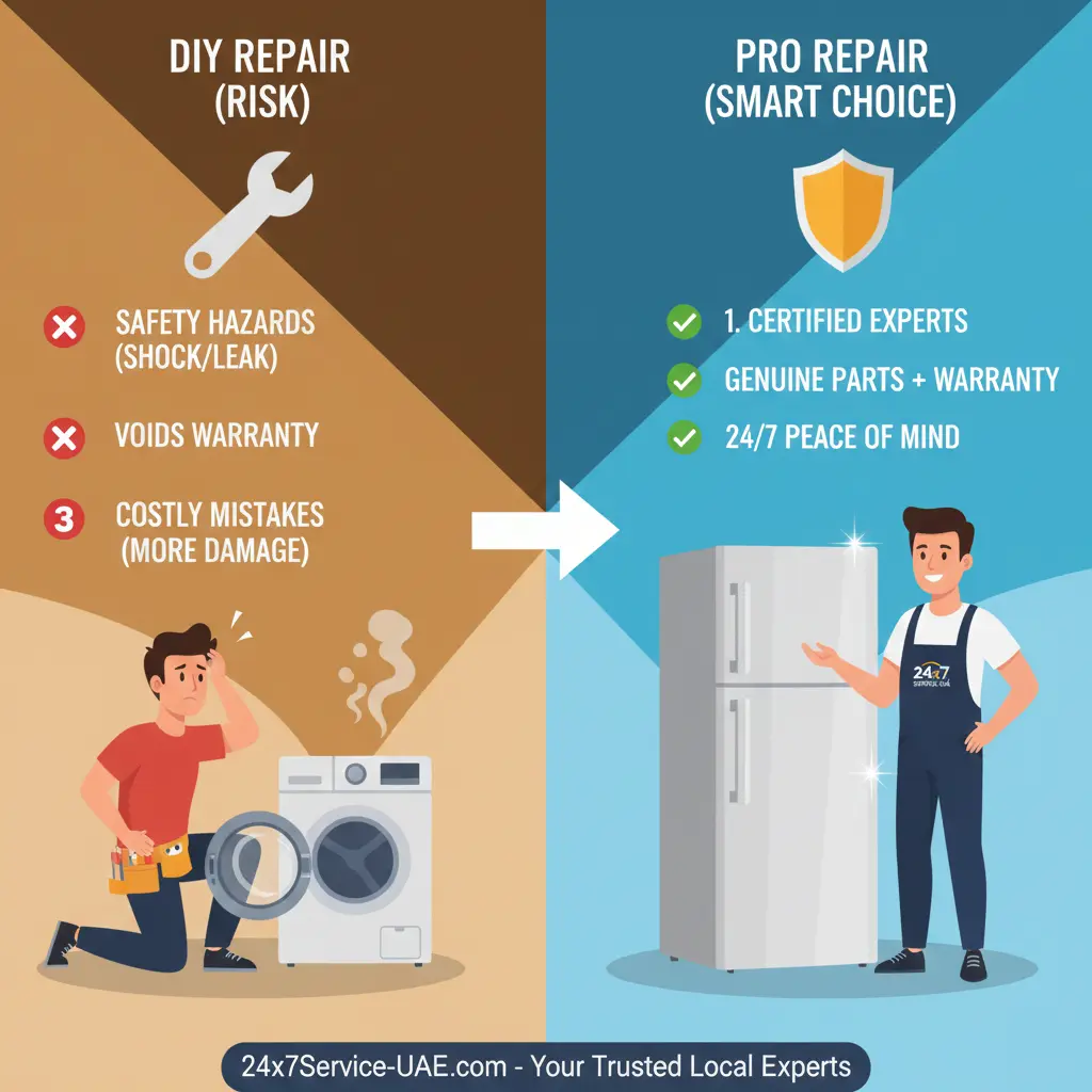 A split-screen comparison showing the risks of a failed DIY washing machine repair versus a successful professional refrigerator repair by a 24x7 Service UAE technician.