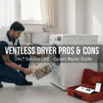 A professional 24x7 Service UAE technician inspecting a dirty lint filter on a ventless dryer to provide expert dryer repair..