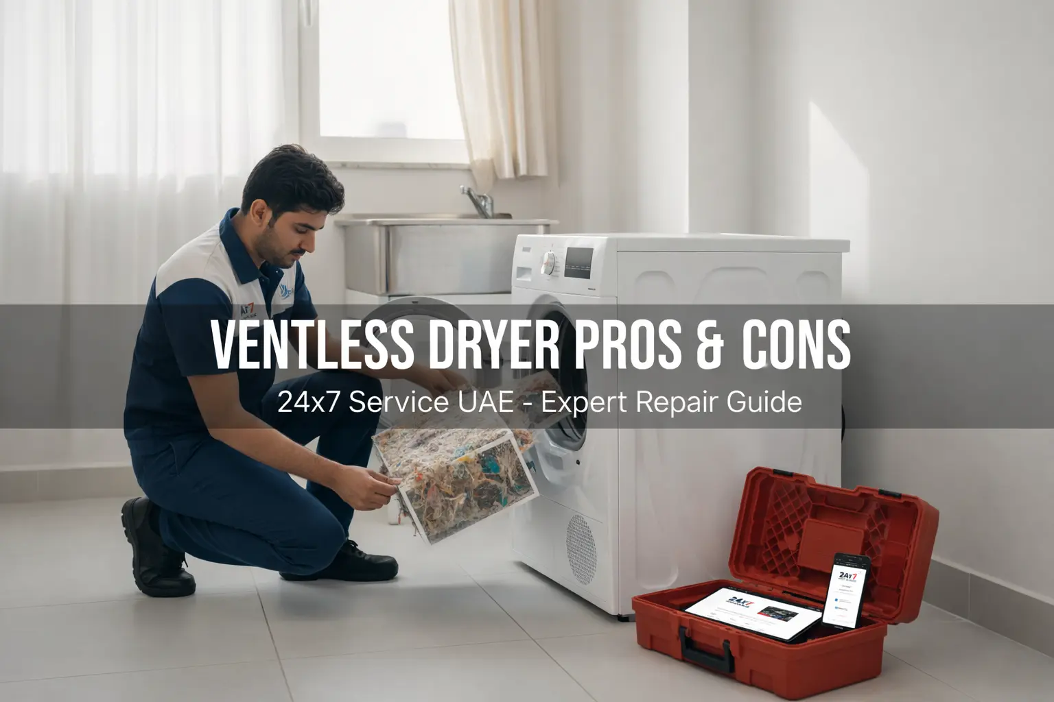 A professional 24x7 Service UAE technician inspecting a dirty lint filter on a ventless dryer to provide expert dryer repair..