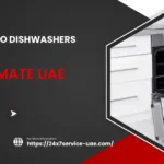 A professional featured image for 24x7 Service UAE titled "How Long Do Dishwashers Last? The Ultimate UAE Guide," featuring a technician repairing a built-in oven and dishwasher unit.