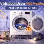 An illustrative infographic showing a front-load dryer with an open door and laundry inside, featuring repair tools like a multimeter, screwdriver, and flashlight. The image includes a warning symbol and stylized smoke effects to represent common electrical or heating element failures.