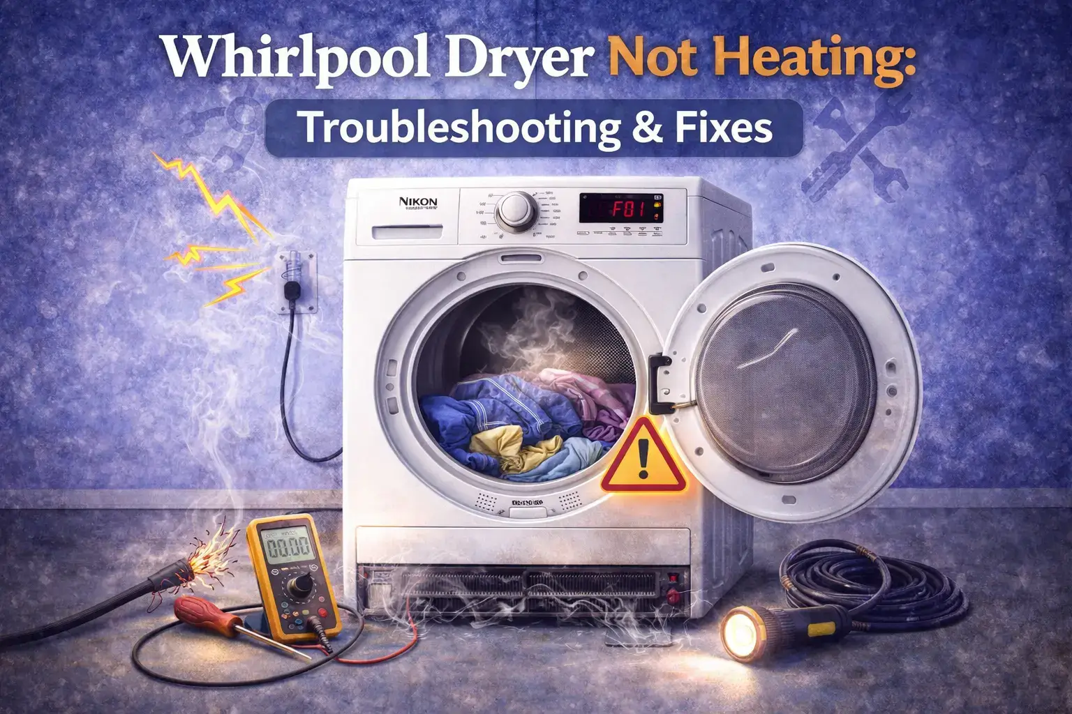 An illustrative infographic showing a front-load dryer with an open door and laundry inside, featuring repair tools like a multimeter, screwdriver, and flashlight. The image includes a warning symbol and stylized smoke effects to represent common electrical or heating element failures.