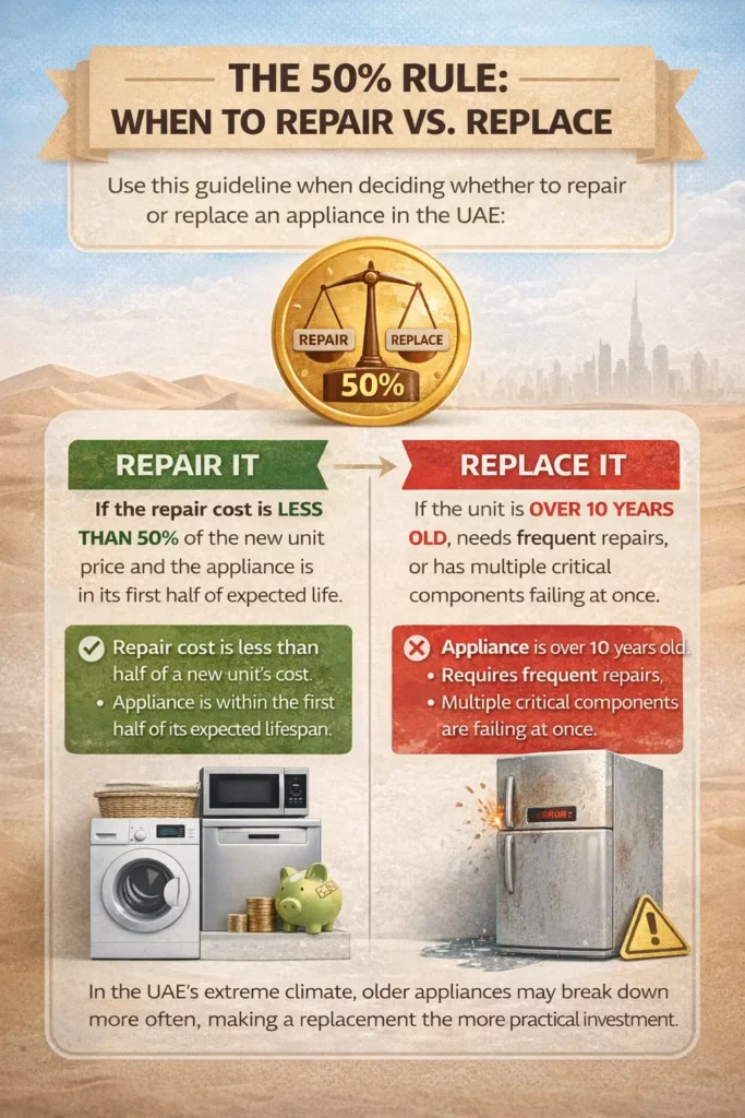 An infographic for 24x7 Service UAE titled "The 50% Rule: When to Repair vs. Replace," featuring a desert background and Dubai skyline. It explains that homeowners should repair if costs are under 50% of a new unit and replace if the appliance is over 10 years old.