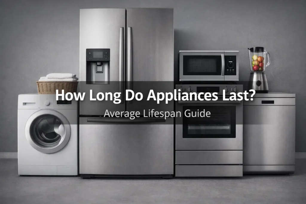 A professional featured image for 24x7 Service UAE titled "How Long Do Appliances Last? Average Lifespan Guide," showcasing a modern stainless steel kitchen set including a refrigerator, washing machine, oven, and dishwasher.