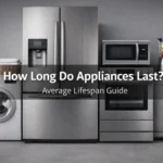 A professional featured image for 24x7 Service UAE titled "How Long Do Appliances Last? Average Lifespan Guide," showcasing a modern stainless steel kitchen set including a refrigerator, washing machine, oven, and dishwasher.