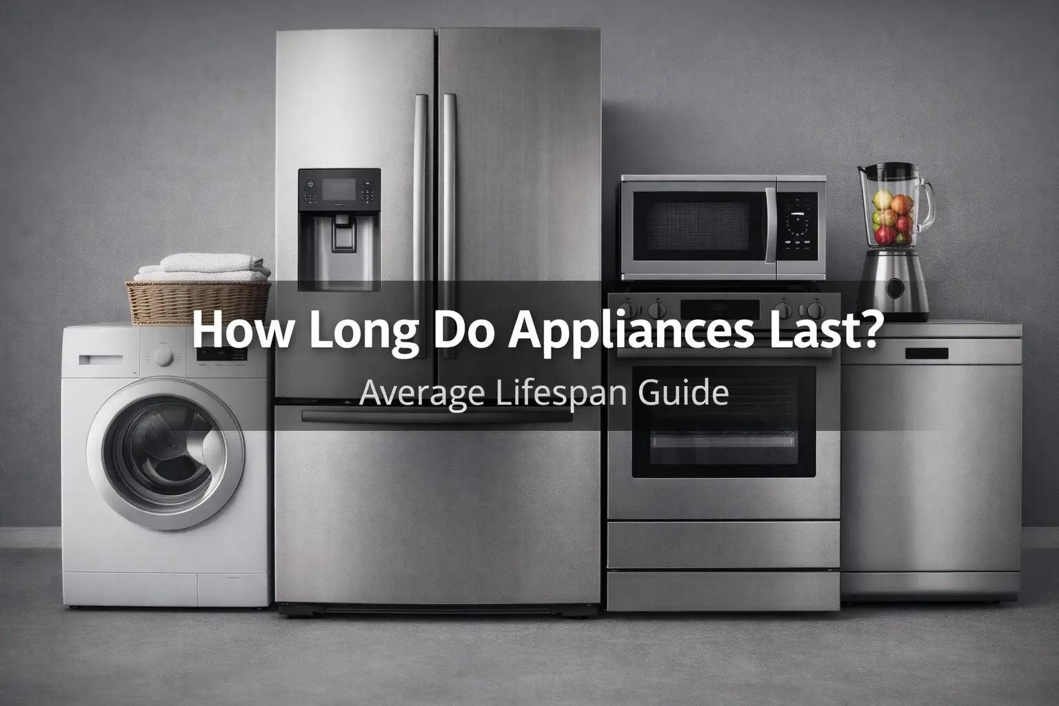 A professional featured image for 24x7 Service UAE titled "How Long Do Appliances Last? Average Lifespan Guide," showcasing a modern stainless steel kitchen set including a refrigerator, washing machine, oven, and dishwasher.