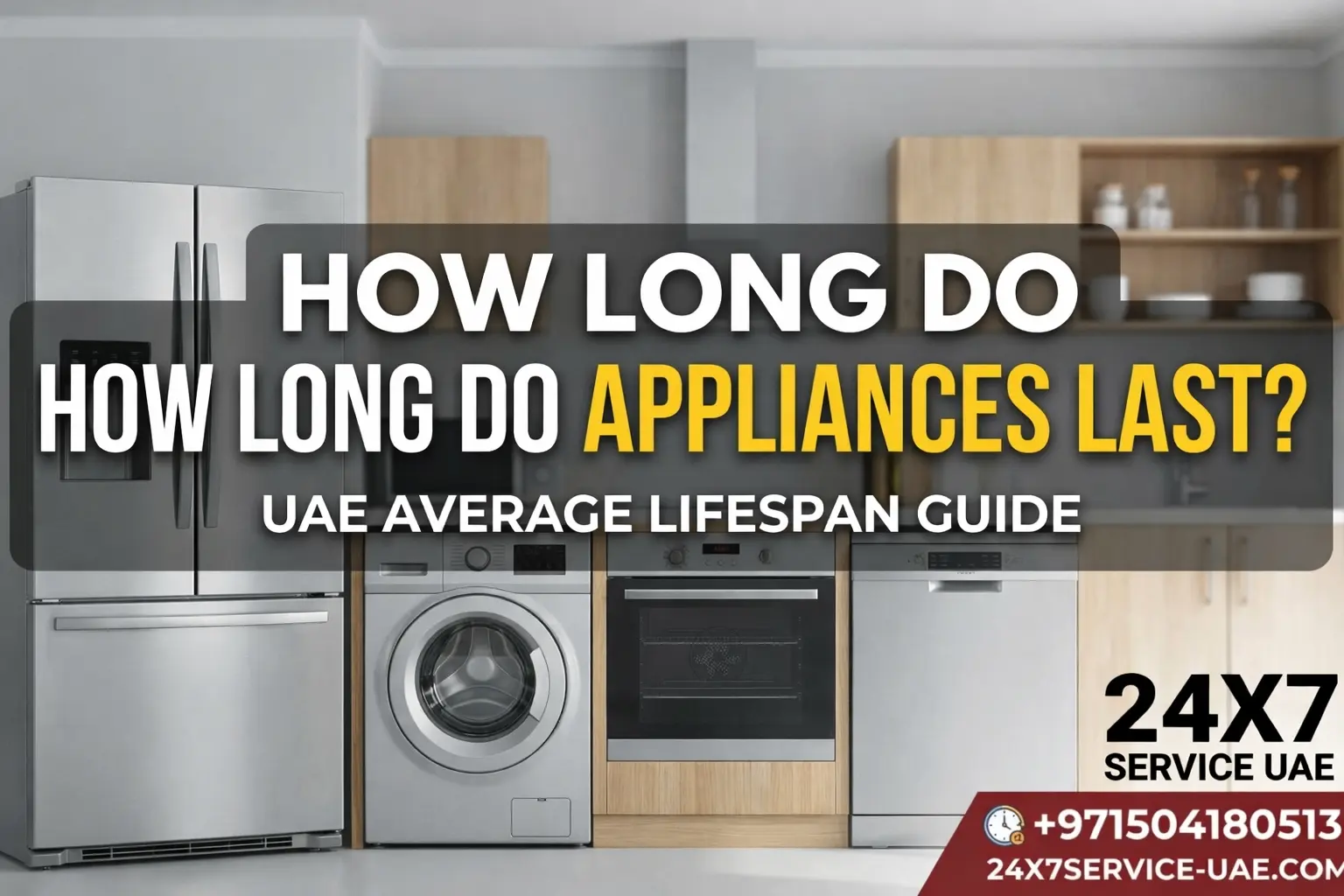 A professional featured image for 24x7 Service UAE titled "How Long Do Appliances Last? UAE Average Lifespan Guide," showcasing a stylized modern kitchen appliance lineup, including a refrigerator, washing machine, and dishwasher.