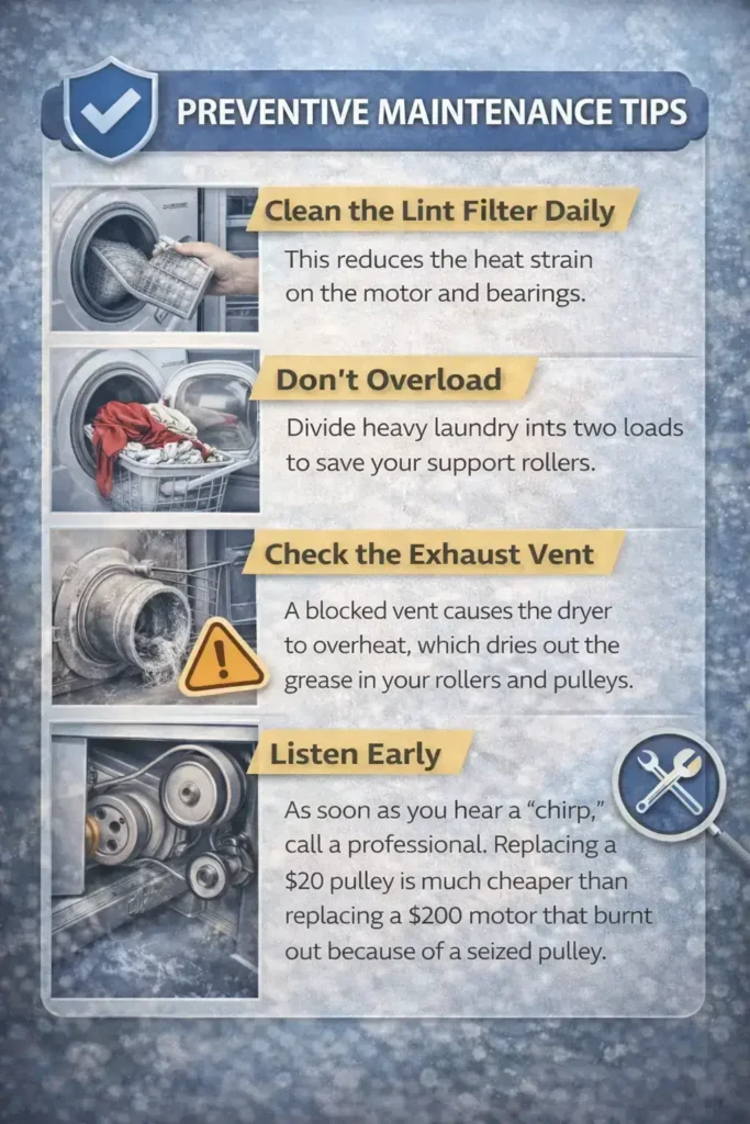 A preventive maintenance infographic for 24X7 Service UAE featuring four key dryer tips: cleaning the lint filter daily, avoiding overloading, checking the exhaust vent for blockages, and listening for early warning sounds like chirping to prevent motor failure.