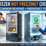 A split-screen comparison showing a frustrated UAE homeowner with a failed freezer that is melting versus a smiling 24x7 Service UAE technician successfully repairing a unit that is freezing with ice.