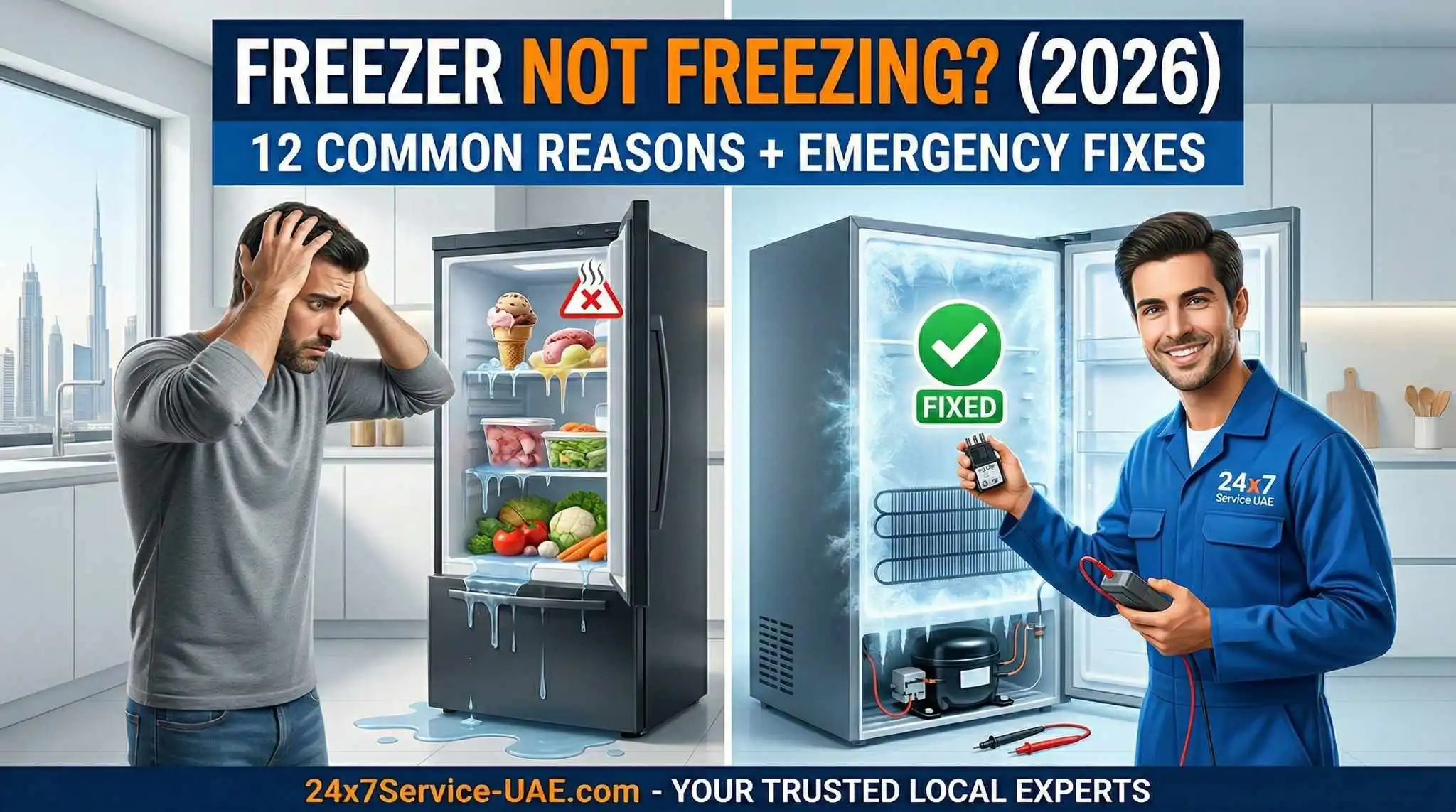 A split-screen comparison showing a frustrated UAE homeowner with a failed freezer that is melting versus a smiling 24x7 Service UAE technician successfully repairing a unit that is freezing with ice.