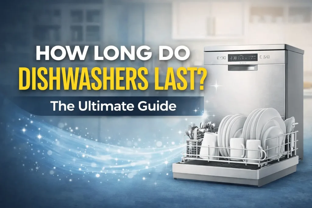 A professional featured image for 24x7 Service UAE titled "How Long Do Dishwashers Last? The Ultimate Guide," featuring a modern stainless steel dishwasher with clean dishes and a sparkling blue aesthetic.