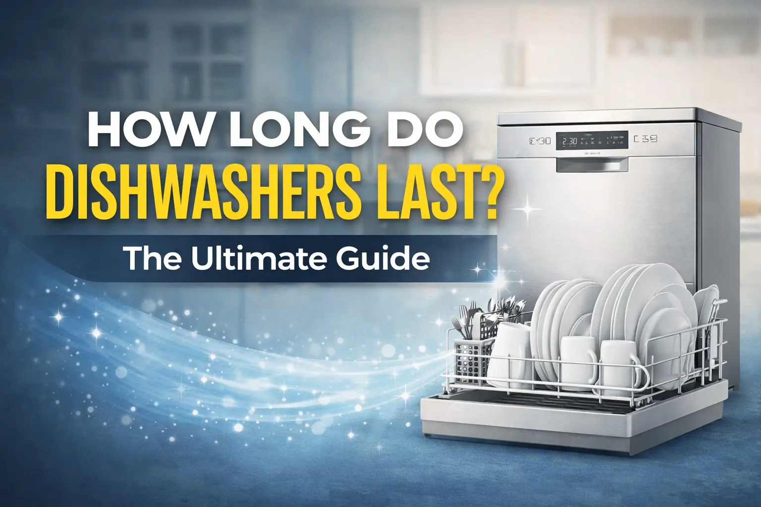 A professional featured image for 24x7 Service UAE titled "How Long Do Dishwashers Last? The Ultimate Guide," featuring a modern stainless steel dishwasher with clean dishes and a sparkling blue aesthetic.