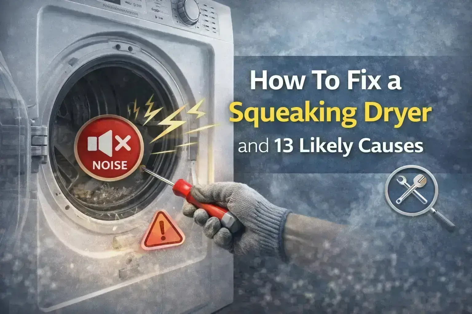 A professional featured image for 24X7 Service UAE titled "How To Fix a Squeaking Dryer and 13 Likely Causes," showing a technician repairing a noisy dryer with troubleshooting icons.