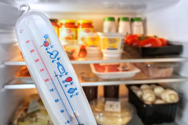An analog refrigerator thermometer showing a safe cooling zone between 0°C and 4°C, used for verifying accurate temperature settings in Sharjah homes.