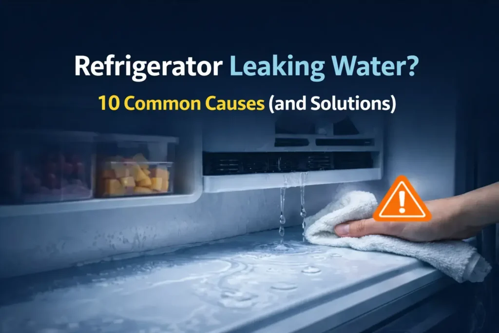 A professional featured image for 24x7 Service UAE titled "Refrigerator Leaking Water? 10 Common Causes (and Solutions)," showing water dripping inside a fridge being wiped with a towel and an orange warning icon.
