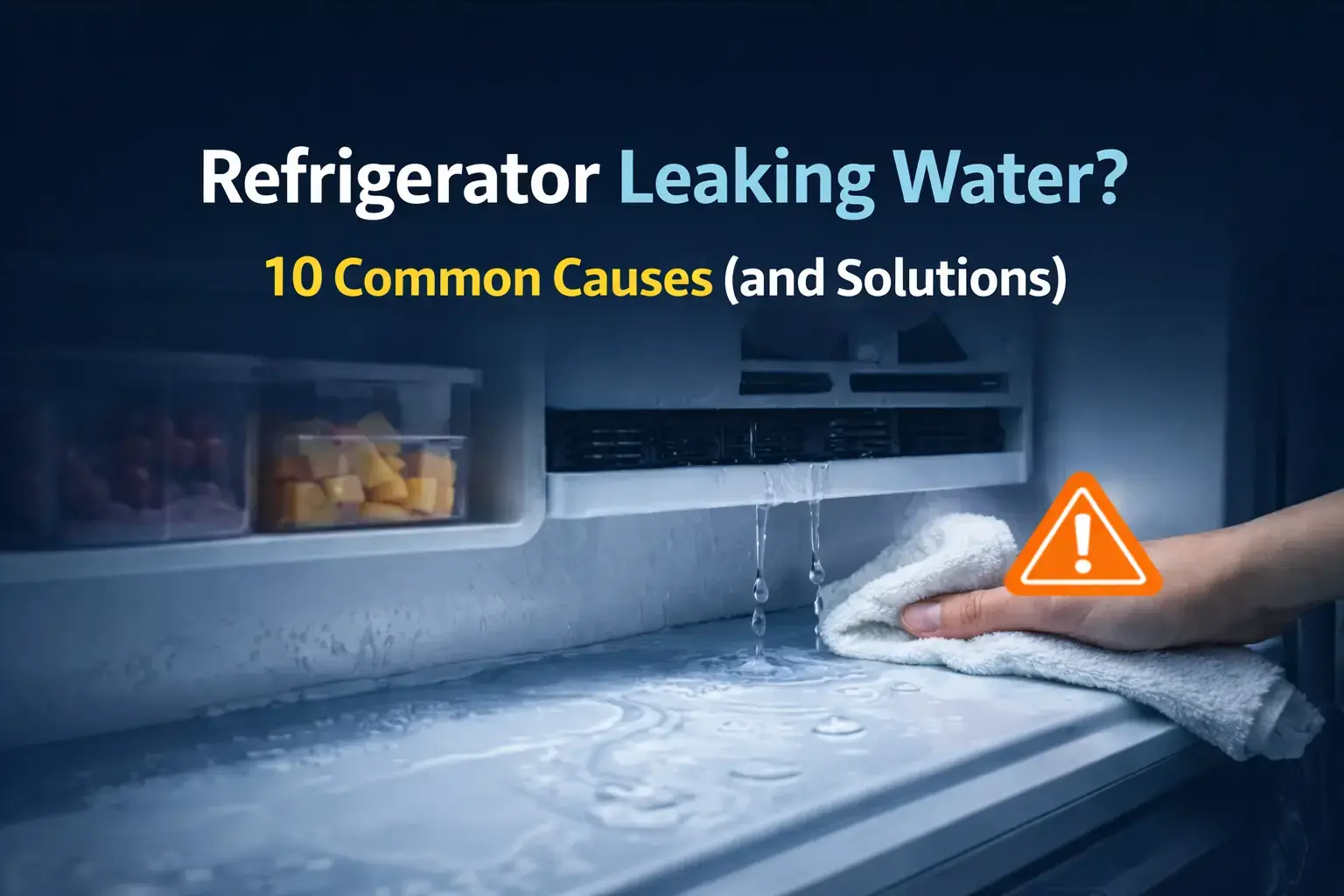 A professional featured image for 24x7 Service UAE titled "Refrigerator Leaking Water? 10 Common Causes (and Solutions)," showing water dripping inside a fridge being wiped with a towel and an orange warning icon.