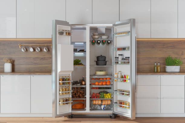 Modern Kitchen Interior With Front View Of Open Refrigerator Filled With Fruits, Vegetables And Various Foods